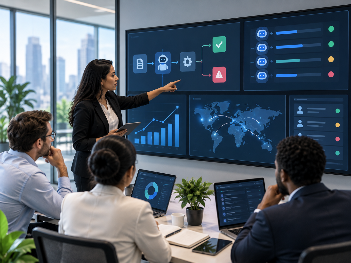 Enterprise AI operations team monitoring AI agents, workflows, approvals, and human oversight through an intelligence layer